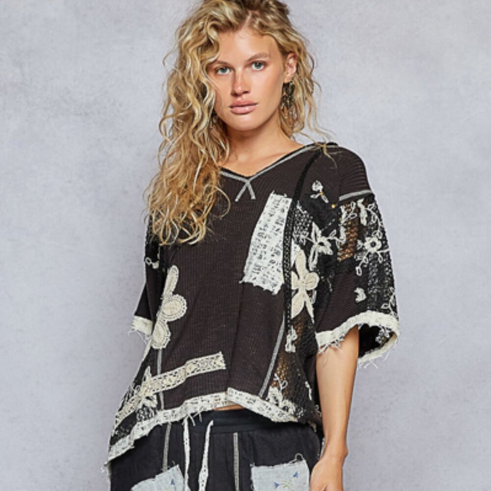 072POL Patchwork Hoodie Short Sleeve Black NEW Size Large - Picture 2 of 5